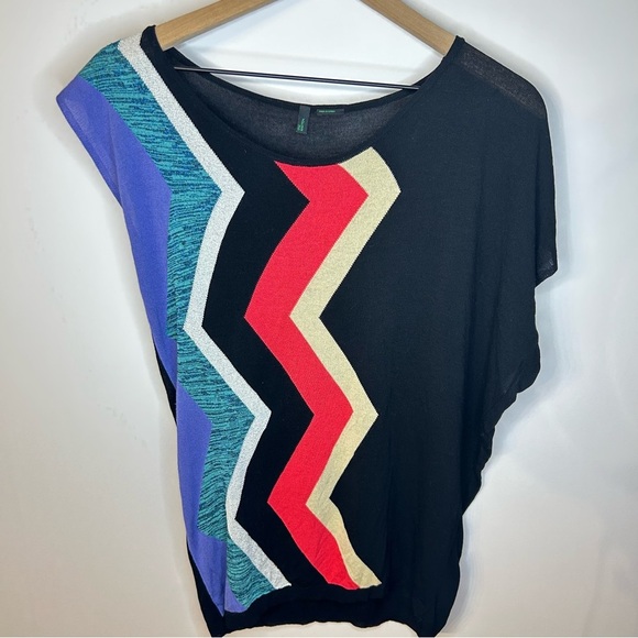 Stile Benetton Lightweight Sweater, Sz M, Black, Gold, Red, Purple, Off-Shoulder - Picture 2 of 6